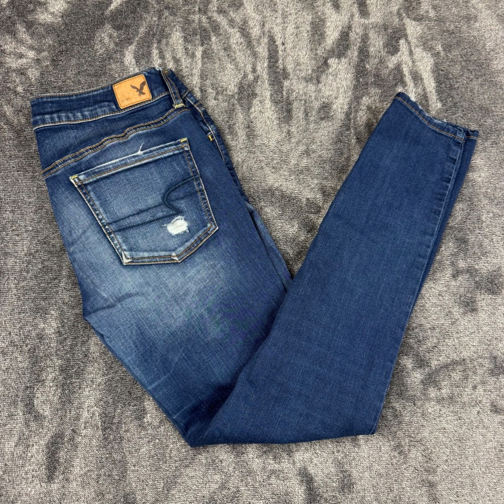 American Eagle Jeggings Womens 10 Blue Distressed Ripped Denim Stretch Jeans